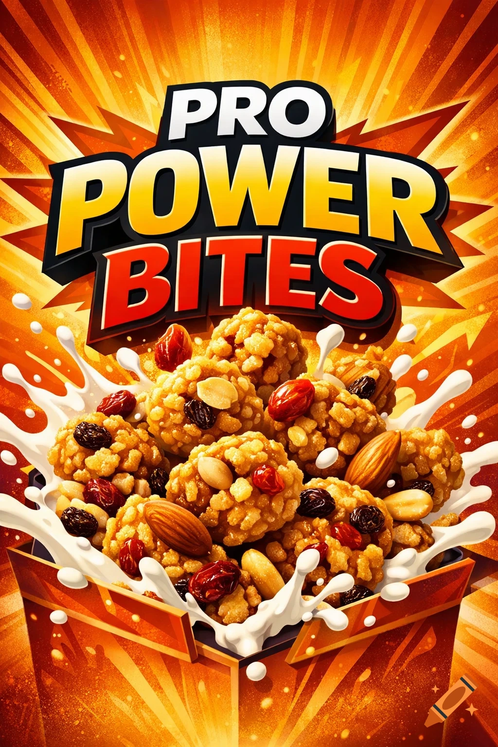 A vibrant cereal box features 'PRO POWER BITES' text, with crunchy cereal, almonds, and cranberries spilling out, surrounded by splashing milk.