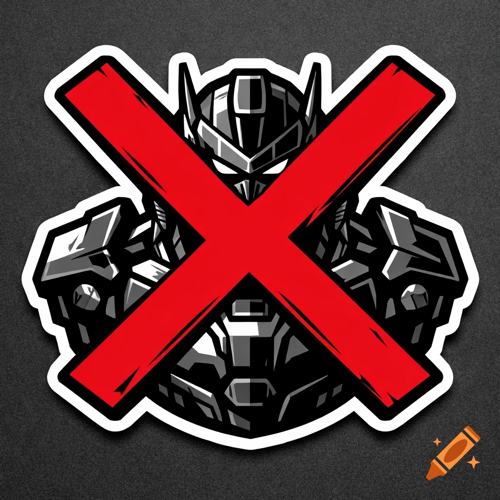A stylized dark gray robot head with glowing red eyes, centered with a large red 'X' over it, presented as a white-bordered sticker on a dark background.