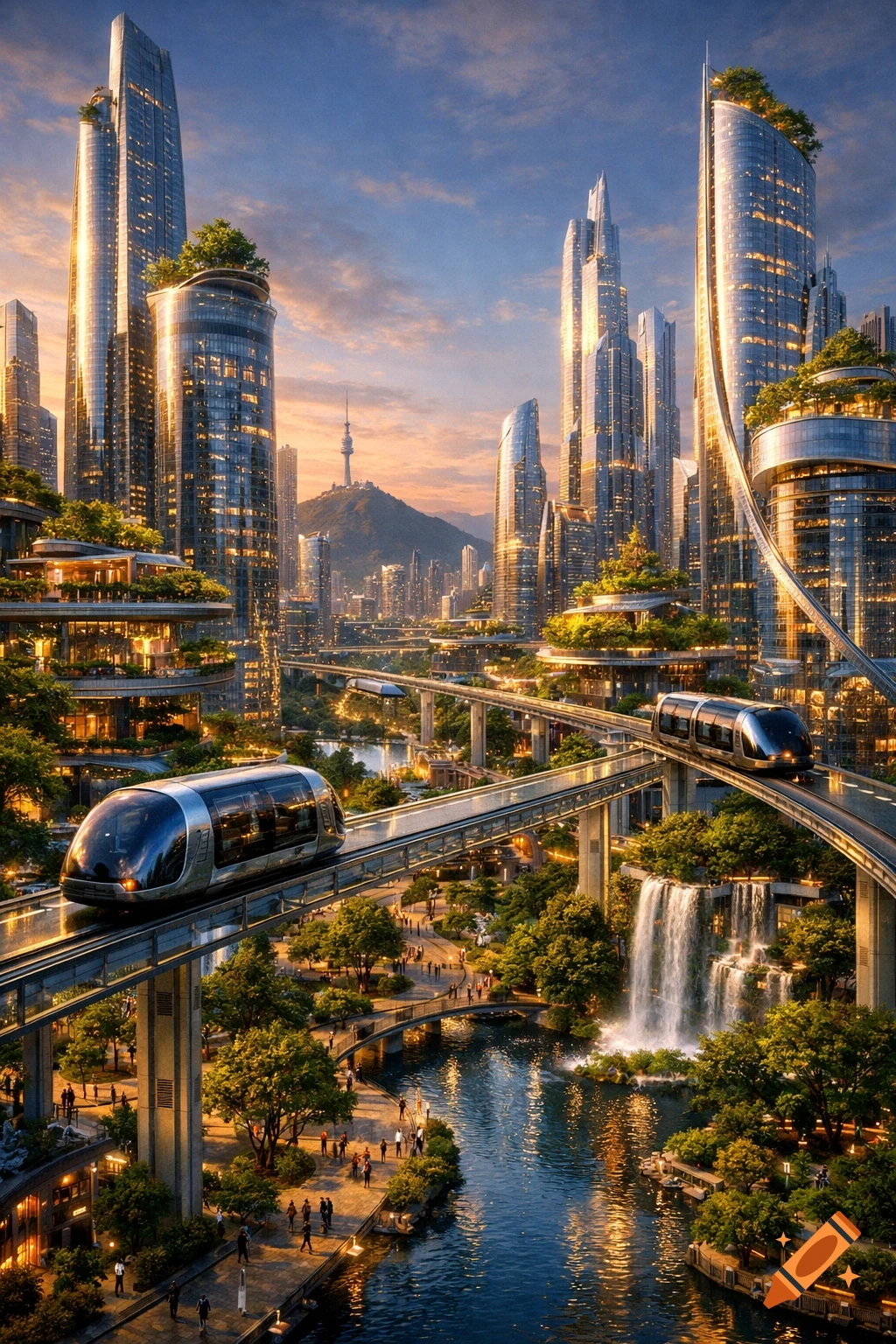 A stunning view of a futuristic city with tall, gleaming skyscrapers, elevated monorails, and lush green terraces with waterfalls at sunset.