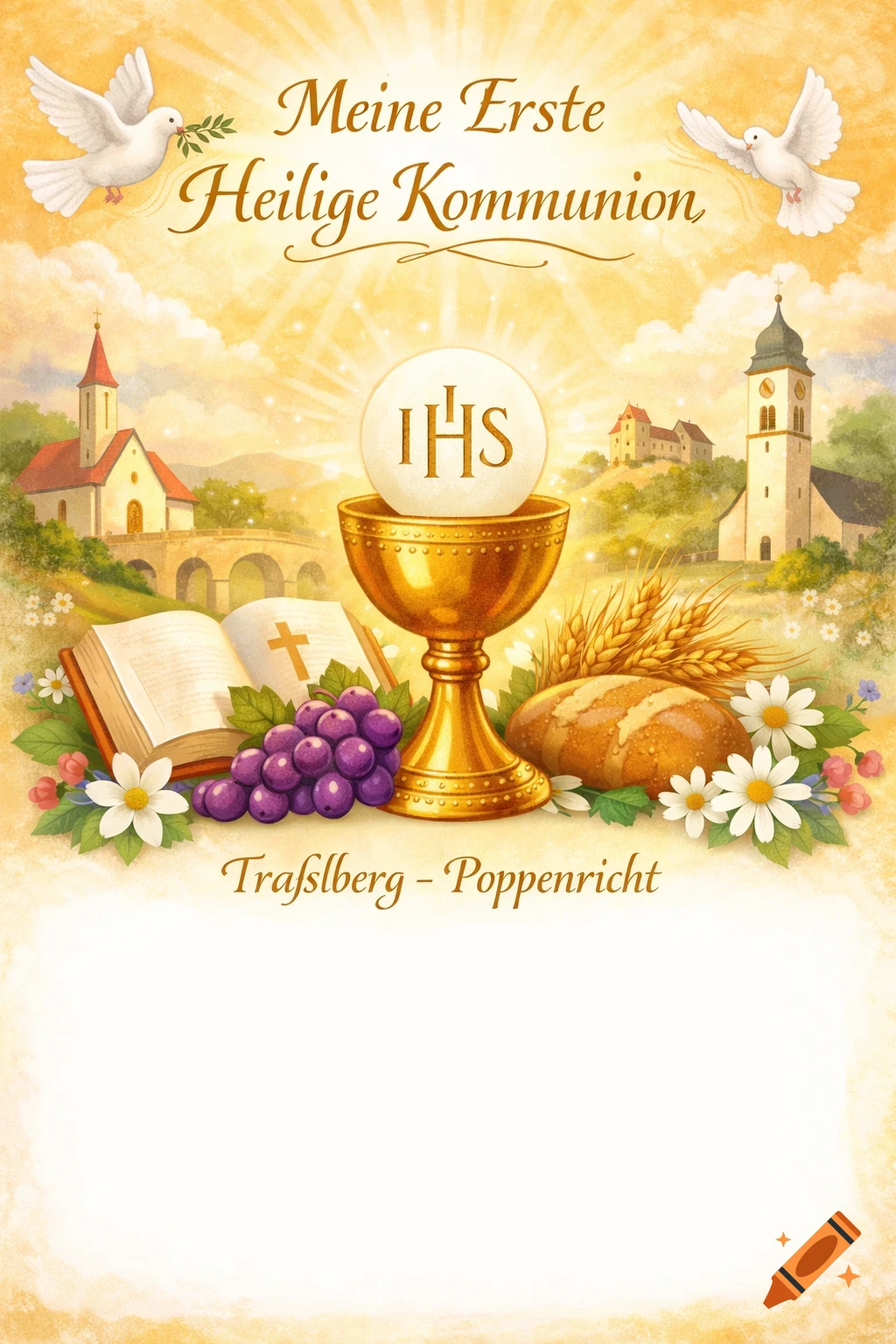 Watercolor illustration for First Holy Communion with a golden chalice, host, open bible, doves, grapes, bread, churches, and German text.