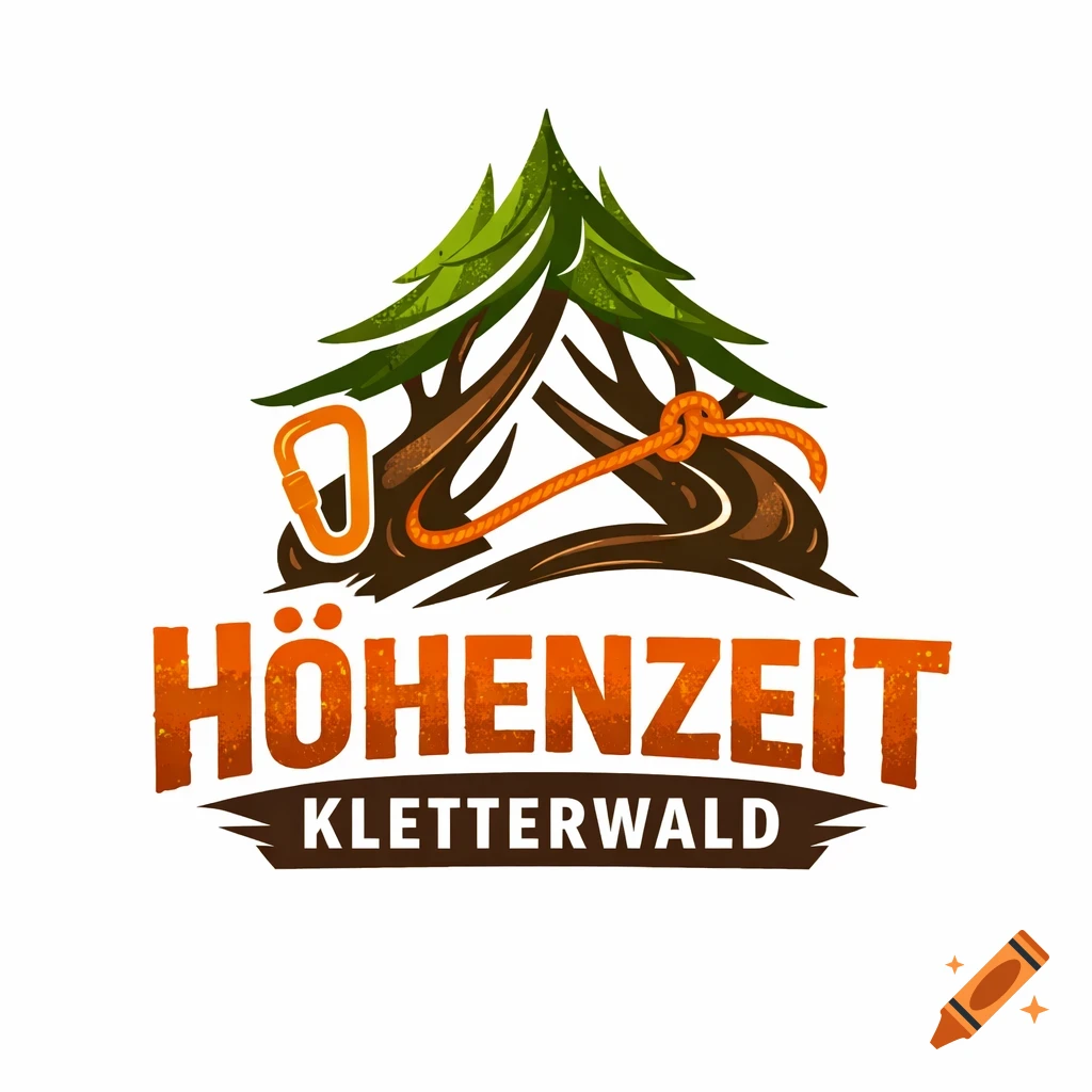 A logo featuring green pine trees, a brown tree trunk base, an orange carabiner, and an orange rope tied in a knot. Below, the text 'HÖHENZEIT' and 'KLETTERWALD' is displayed in a bold, textured font.