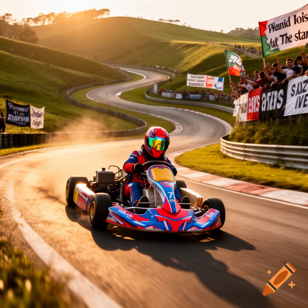 A go-kart driver in a red and blue suit races on a winding track at golden hour, with spectators and banners in the background.