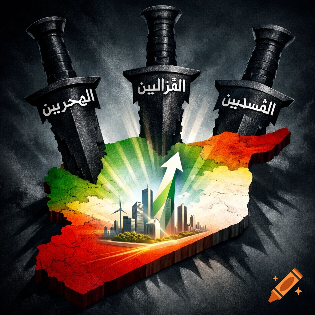 Symbolic graphic of Syria's map with cityscape and arrow of progress, pierced by three dark daggers with Arabic text.