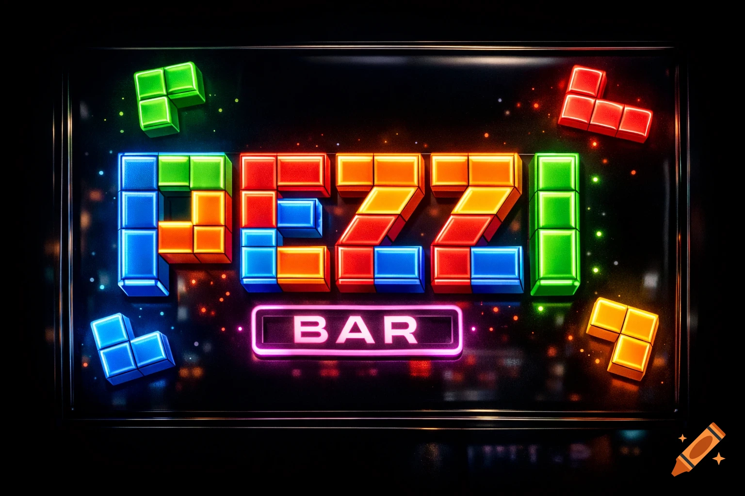 Neon bar sign spelling 'PEZZI BAR' with colorful Tetris-style blocks on a dark background, glowing brightly.