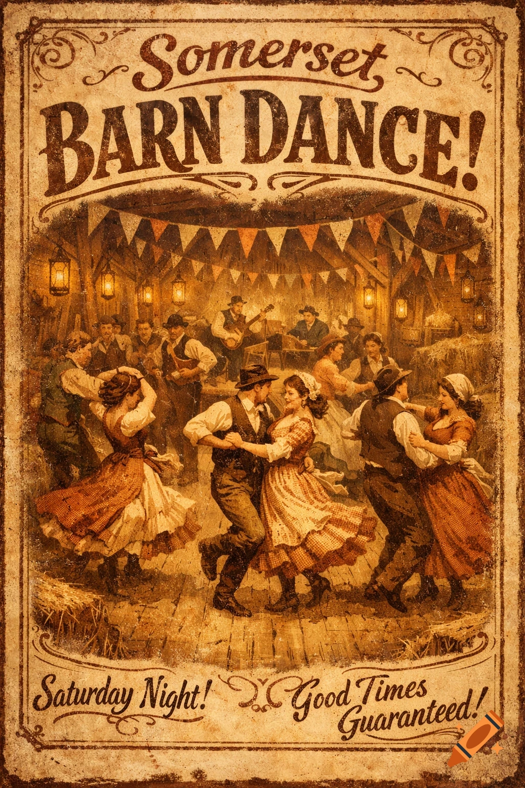 Vintage poster advertising a Somerset barn dance with people dancing in a lively, rustic barn setting.