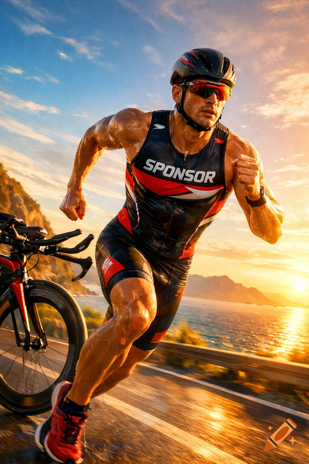 Muscular male triathlete running on a coastal road at sunset, with a bicycle beside him, looking determined.