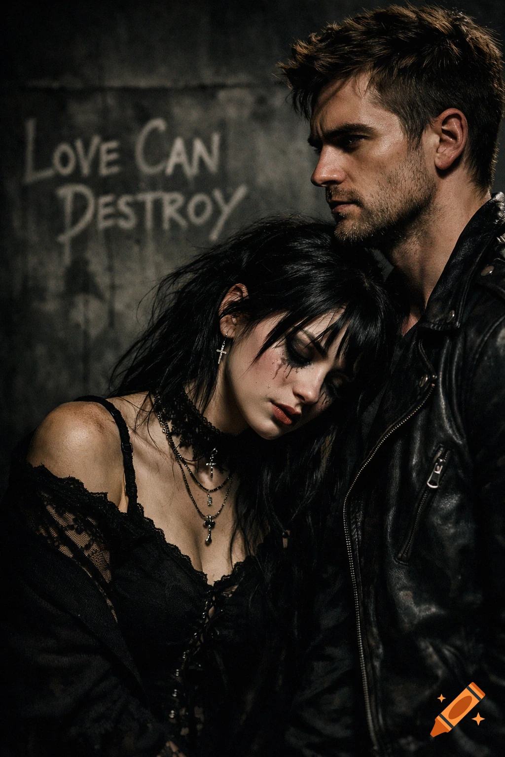 A distraught gothic woman with smeared makeup leans on a man in a leather jacket against a dark wall with 'LOVE CAN DESTROY' written on it. Photorealistic.