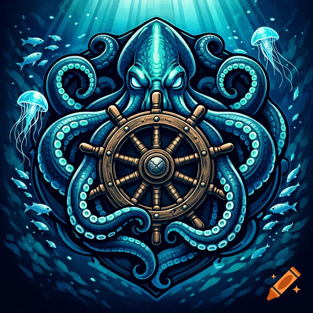 A stylized blue octopus holds a wooden ship's wheel, surrounded by glowing jellyfish and small fish in a dark blue ocean.