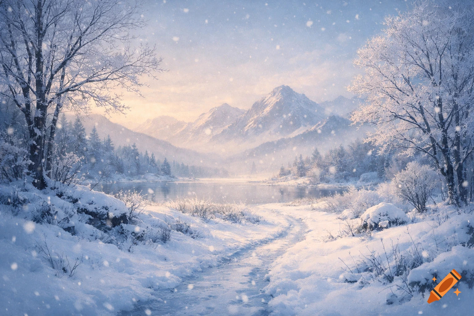 Snowy mountain landscape with a winding path, a calm lake, and frost-covered trees under falling snow, bathed in soft golden light.