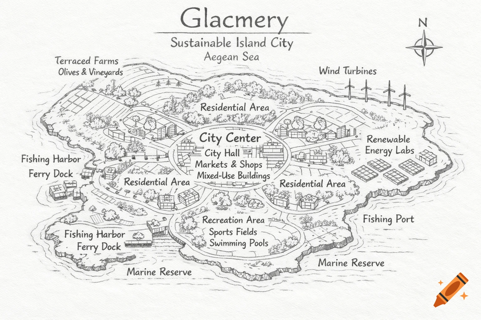 Overhead, hand-drawn pencil map of Glacmery, a sustainable island city in the Aegean Sea, showing residential areas, city center, farms, harbors, marine reserves, and renewable energy facilities.
