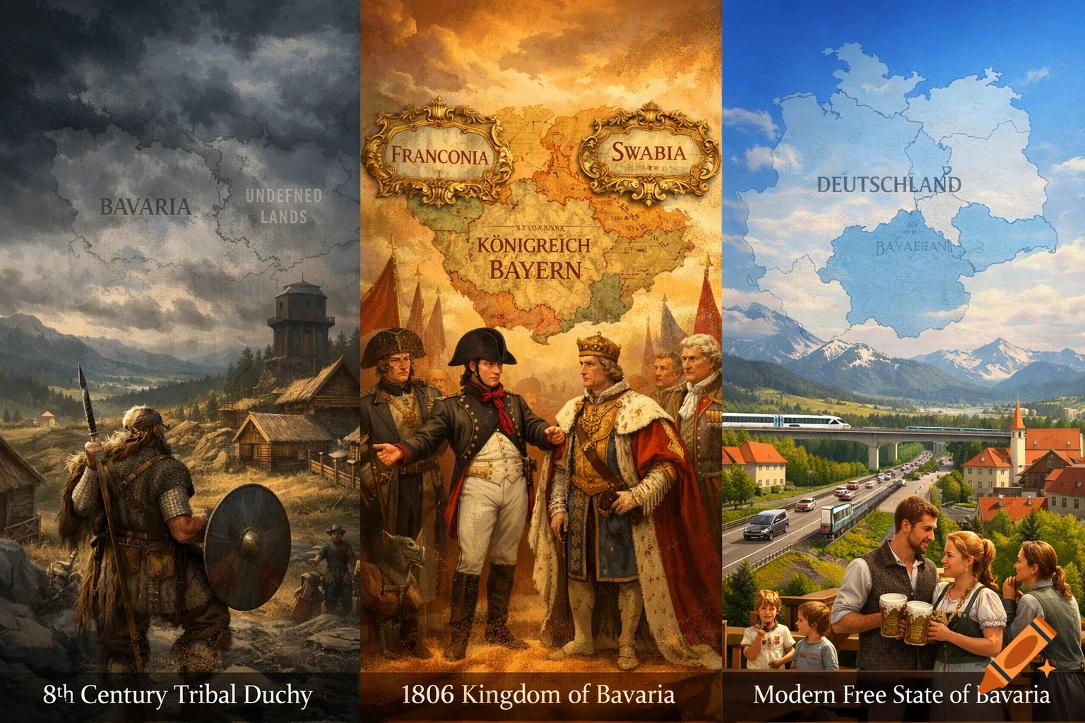 A triptych showing the evolution of Bavaria: an 8th-century tribal duchy with a warrior and huts, an 1806 kingdom with Napoleon and a monarch, and a modern free state with a train, road, and people enjoying beer, all overlaid with historical and modern maps.
