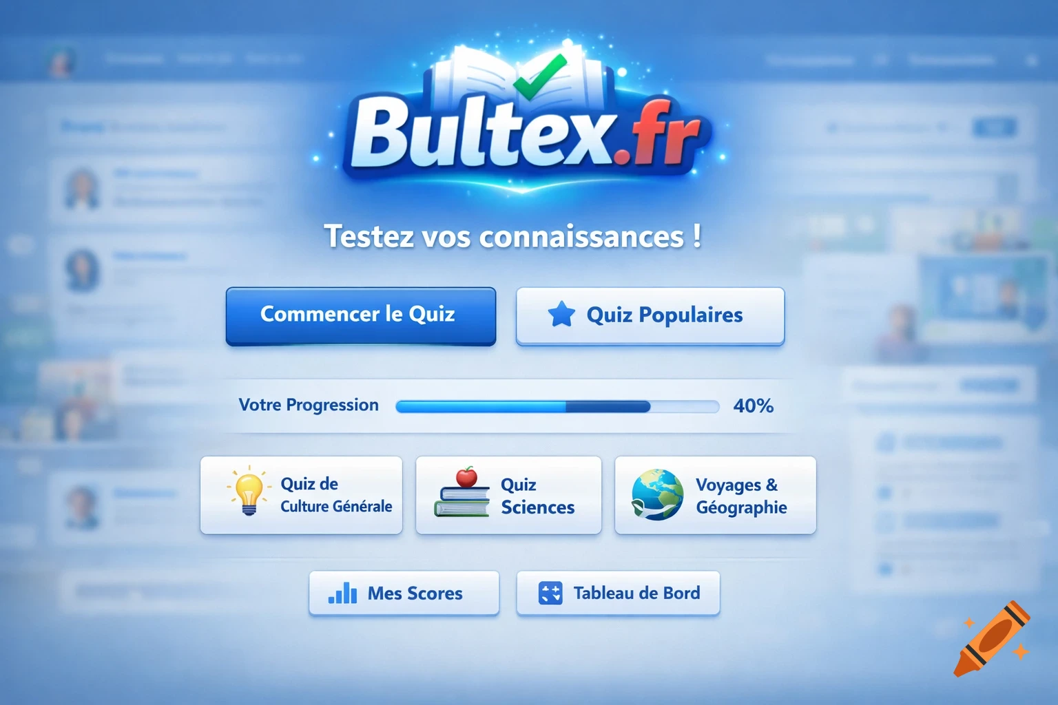 A blue and white digital quiz game interface for Bultex.fr with buttons for starting quizzes and various categories.