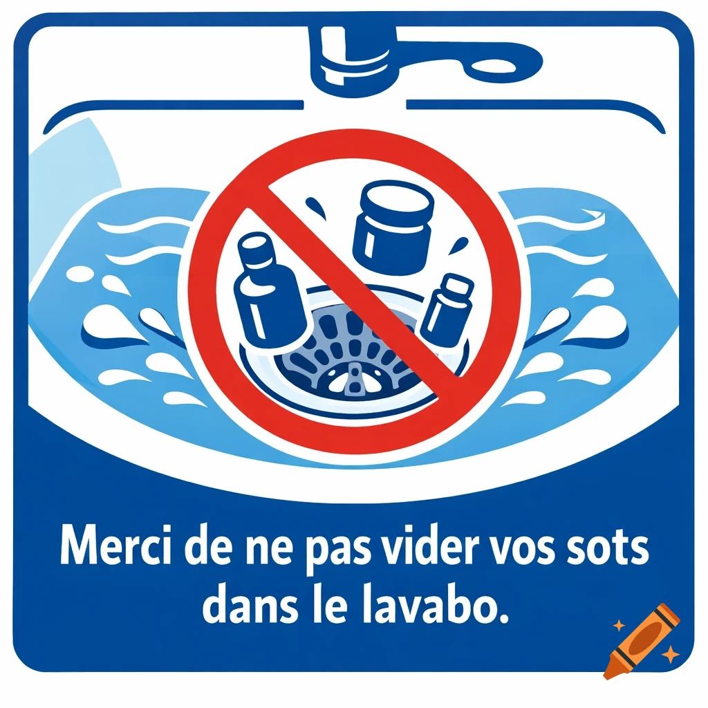 Blue and white warning sign for a sink, depicting a red prohibition over bottles in a drain. Text: 'Merci de ne pas vider vos sots dans le lavabo.'