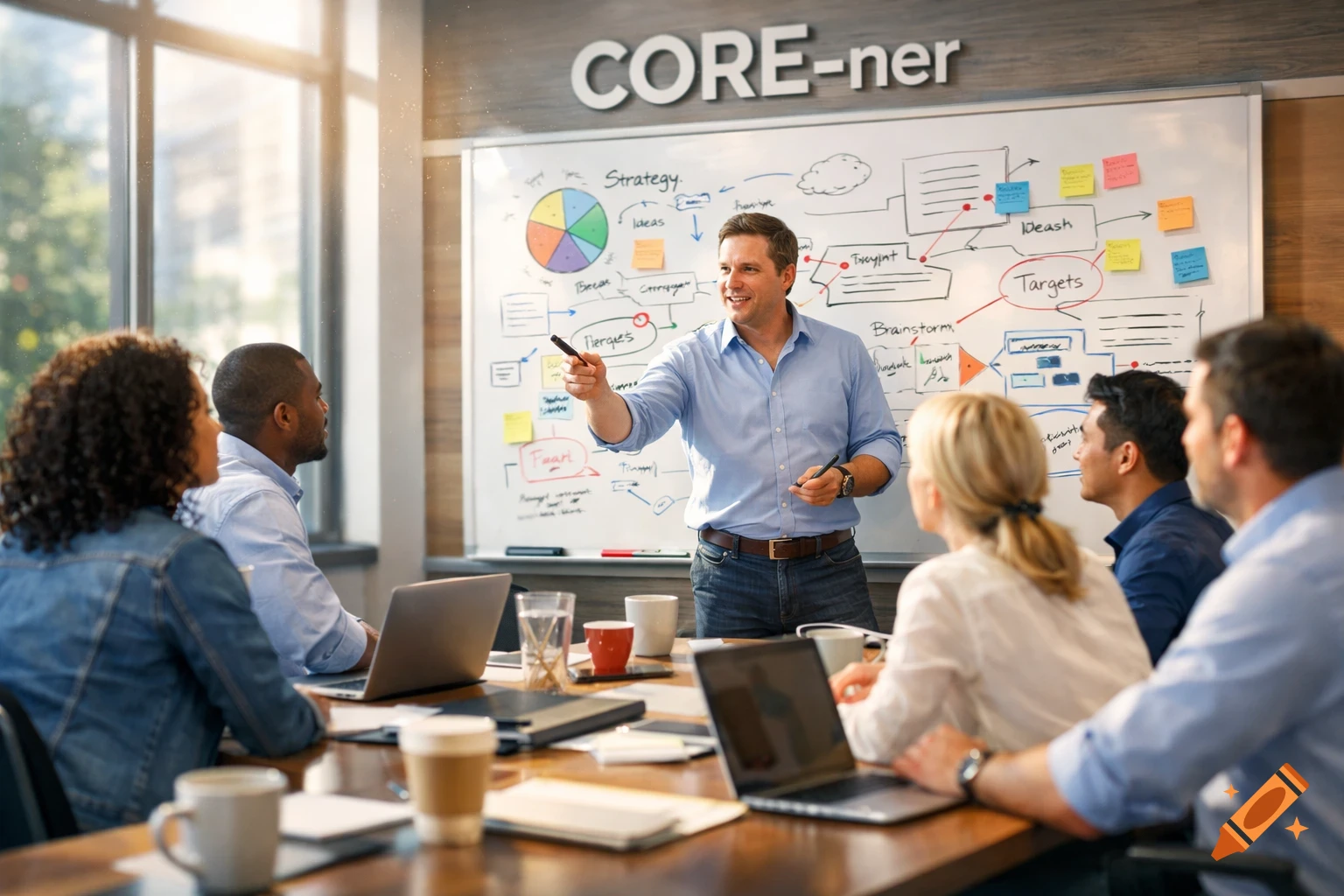 A man in a blue shirt is presenting to a diverse group of colleagues in a modern office meeting room, pointing at a whiteboard with diagrams and text.