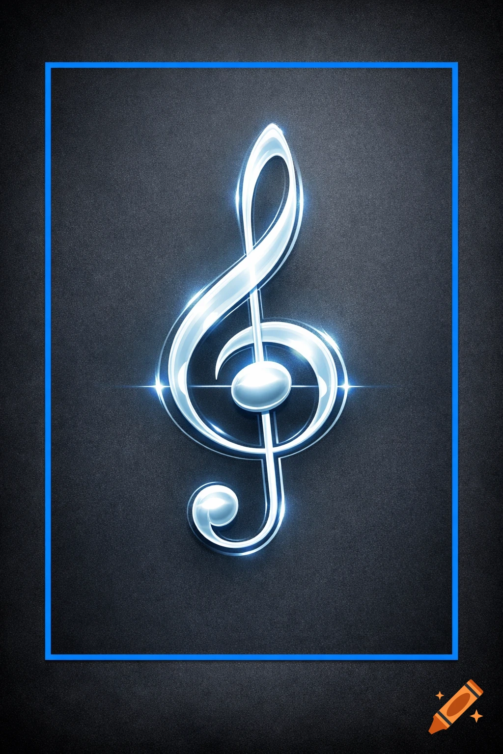 Glowing, metallic silver treble clef symbol on a dark textured background, framed by a bright blue border.
