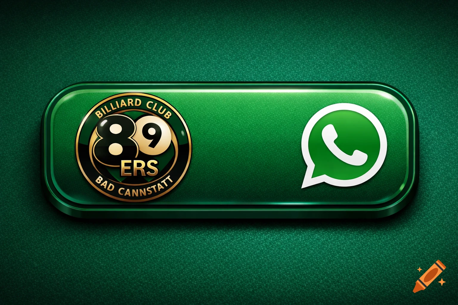 Glossy green button with a gold-rimmed logo for 'Billiard Club 89ERS Bad Cannstatt' and a white WhatsApp icon.