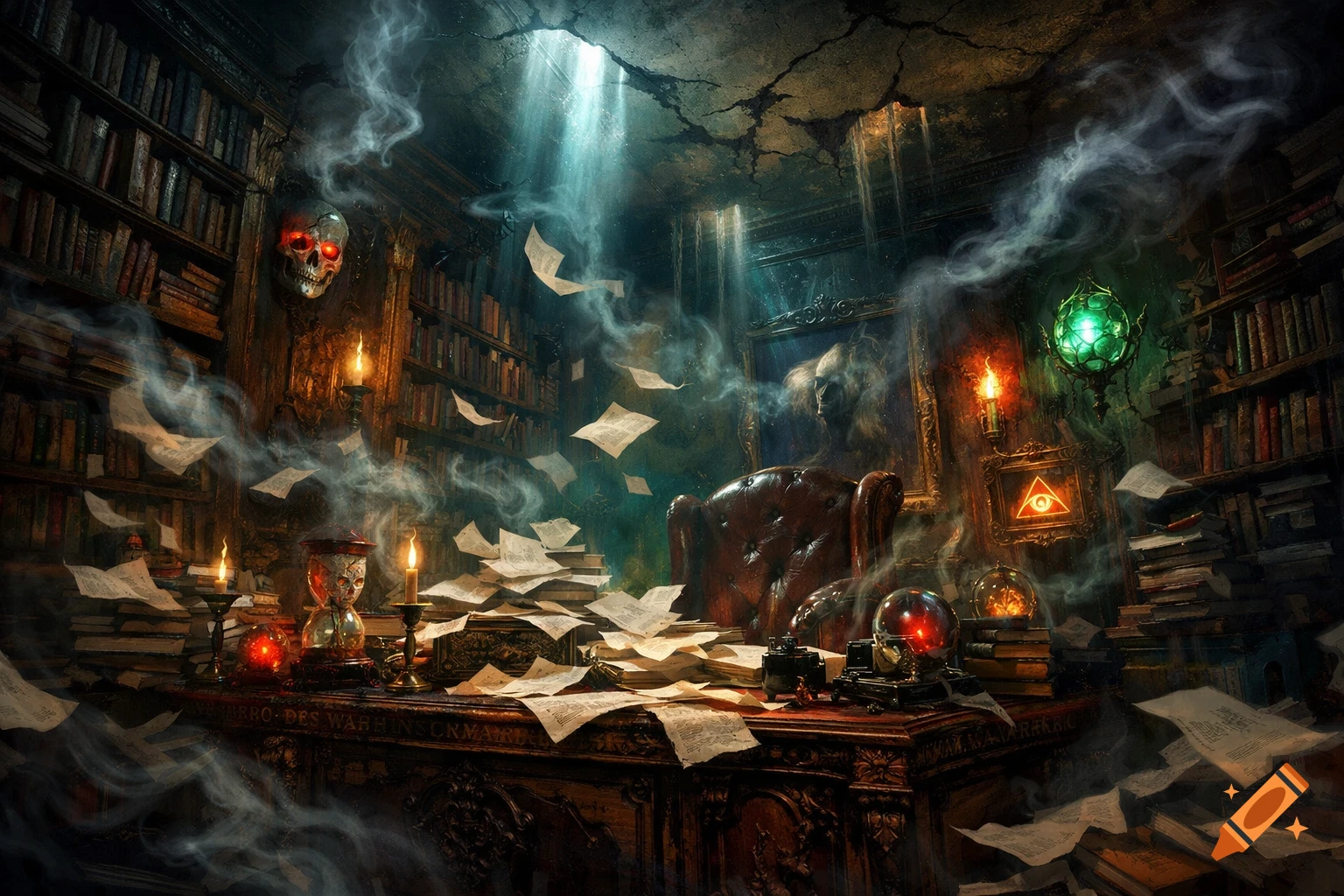 A dark, atmospheric fantasy study with a skull, glowing artifacts, flying papers, a leather chair, and overflowing bookshelves.