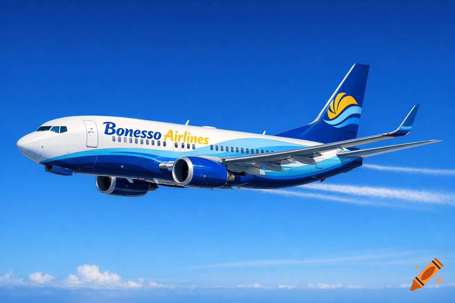 A white and blue passenger airplane with 'Bonesso Airlines' written on its side, flying through a clear blue sky.