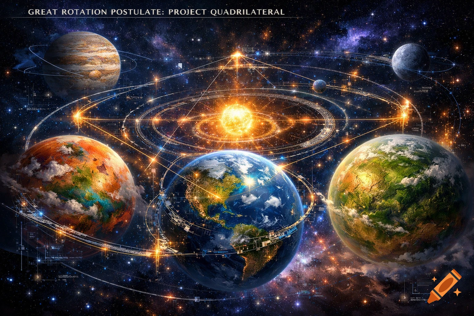 Vibrant space scene with Earth, Jupiter, and other planets orbiting a bright star, interconnected by glowing geometric diagrams and orbital lines.