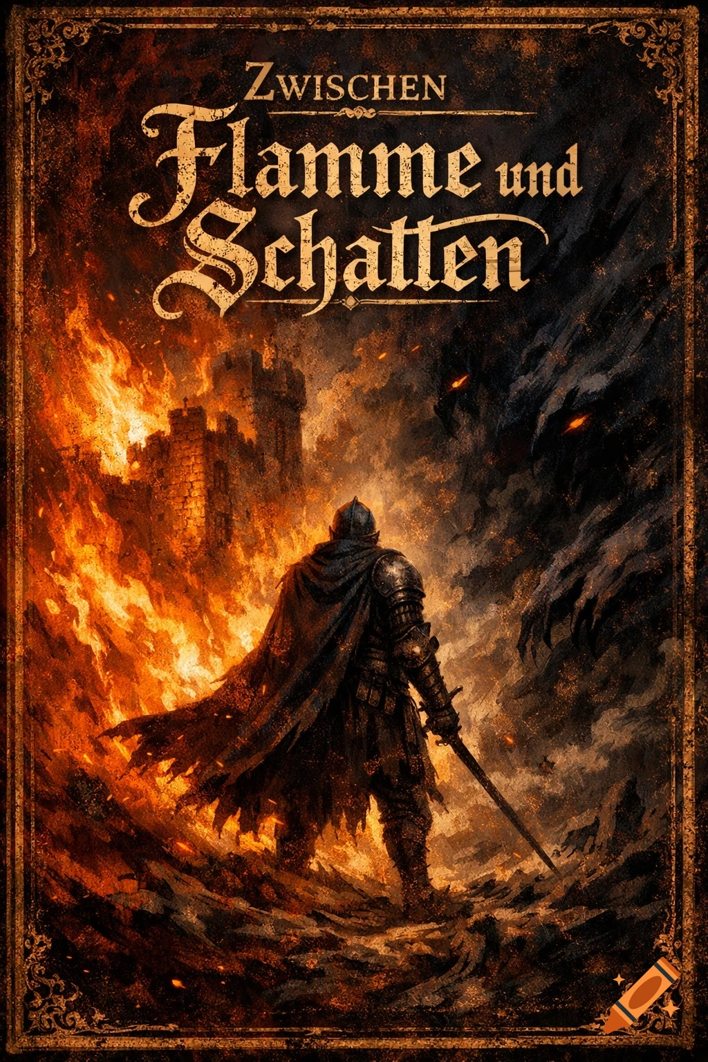 A dark fantasy book cover showing a knight before a burning castle and a shadowy monster, with the German title 'Zwischen Flamme und Schatten'.
