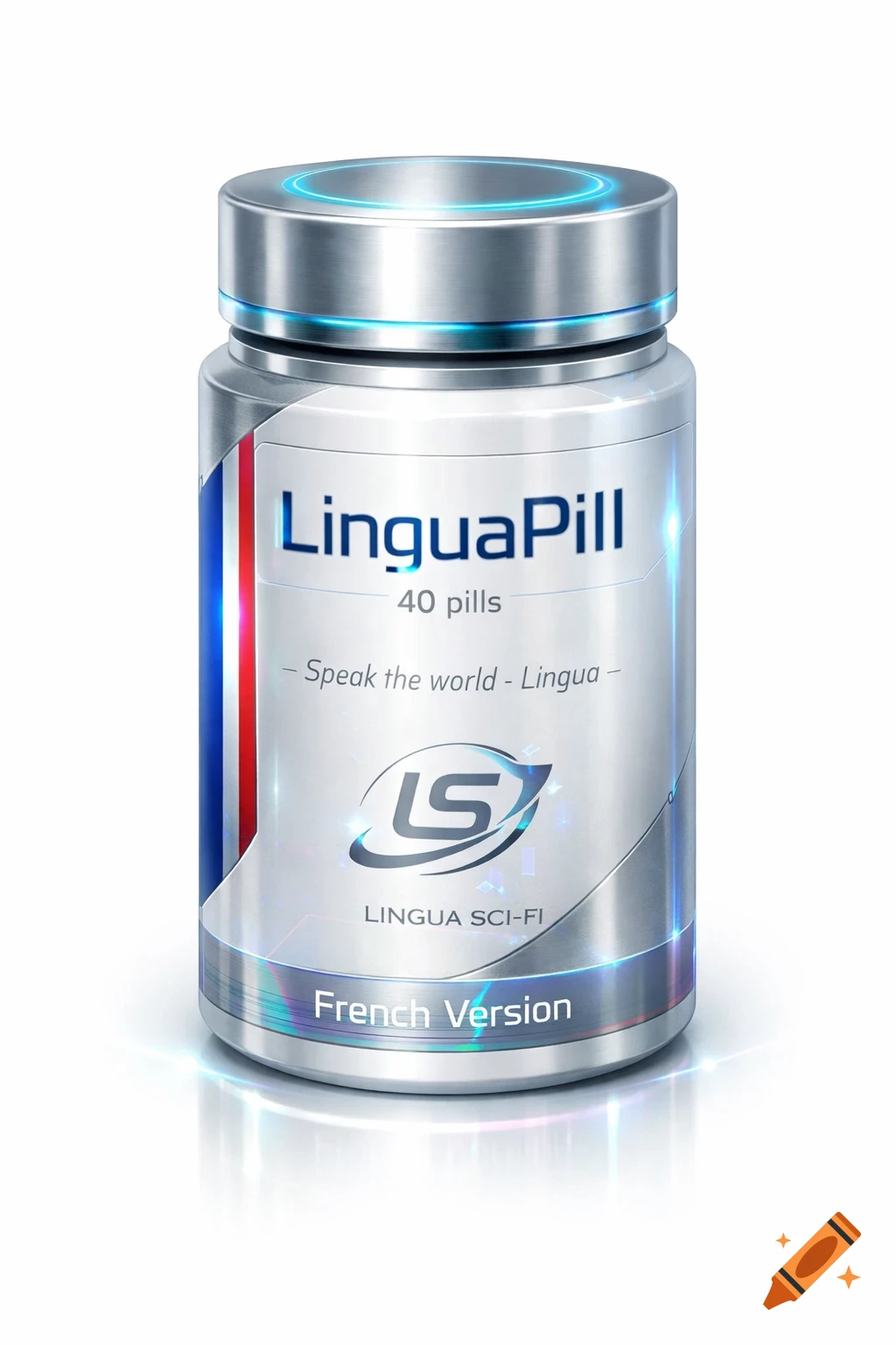 A futuristic silver and white pill bottle labeled 'LinguaPill French Version' with a blue glowing cap and a French flag design.