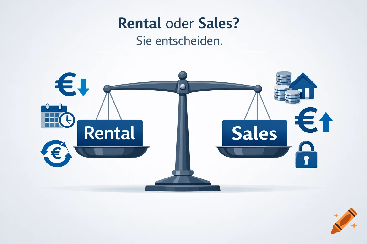 Flat-design infographic with a balanced scale comparing 'Rental' and 'Sales', surrounded by financial icons.
