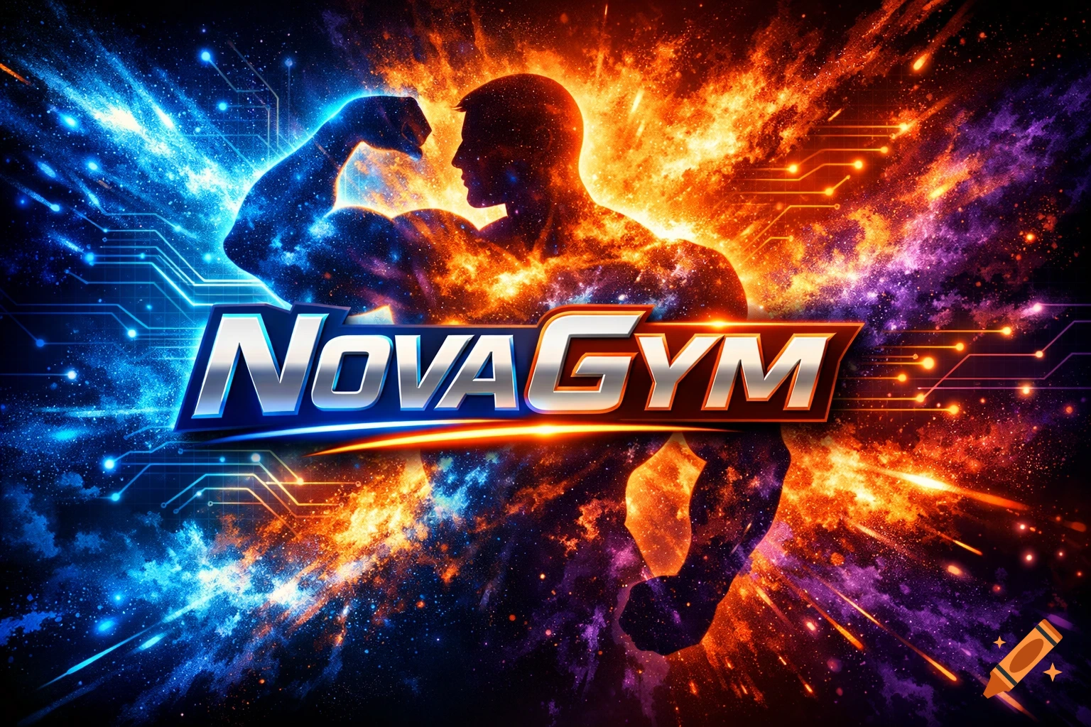 Dynamic digital art logo for NovaGYM with a muscular male silhouette amidst blue and orange cosmic energy and circuit patterns.