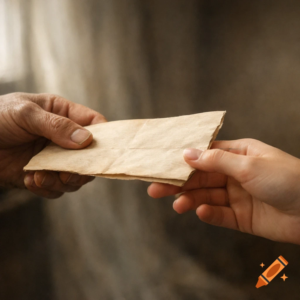 Two hands, one older, one younger, exchanging a folded piece of aged paper.