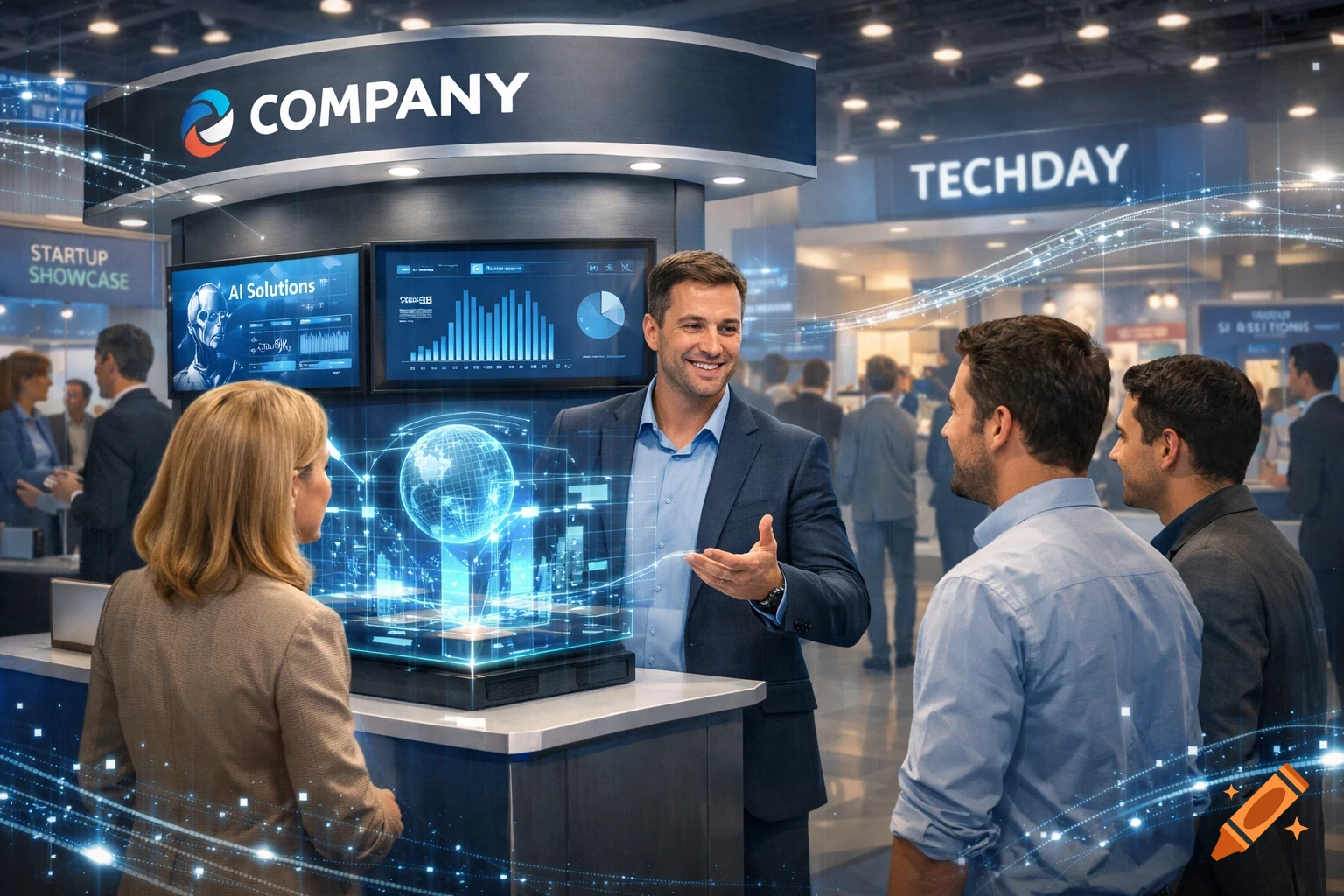 A smiling man in a suit presents a glowing holographic globe and charts to two men at a TechDay exhibition booth. Other attendees are in the background.