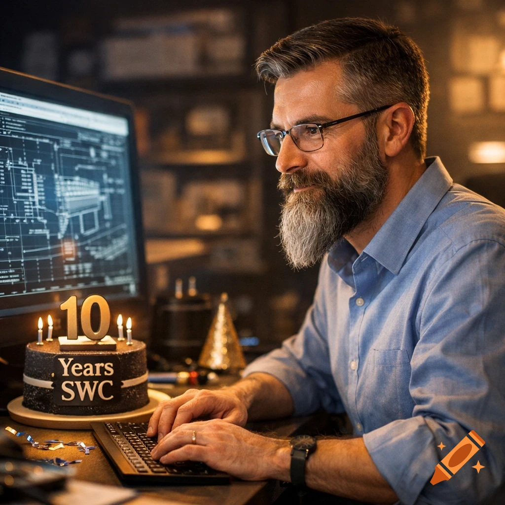A bearded engineer in glasses types on a computer, celebrating 10 years at SWC with a cake.