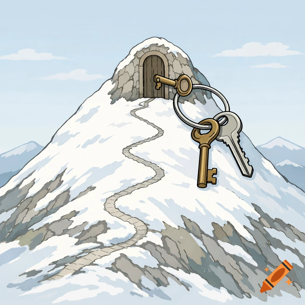 An educational illustration of a snowy mountain with a path leading to a rock door, where a key on a keyring unlocks it.