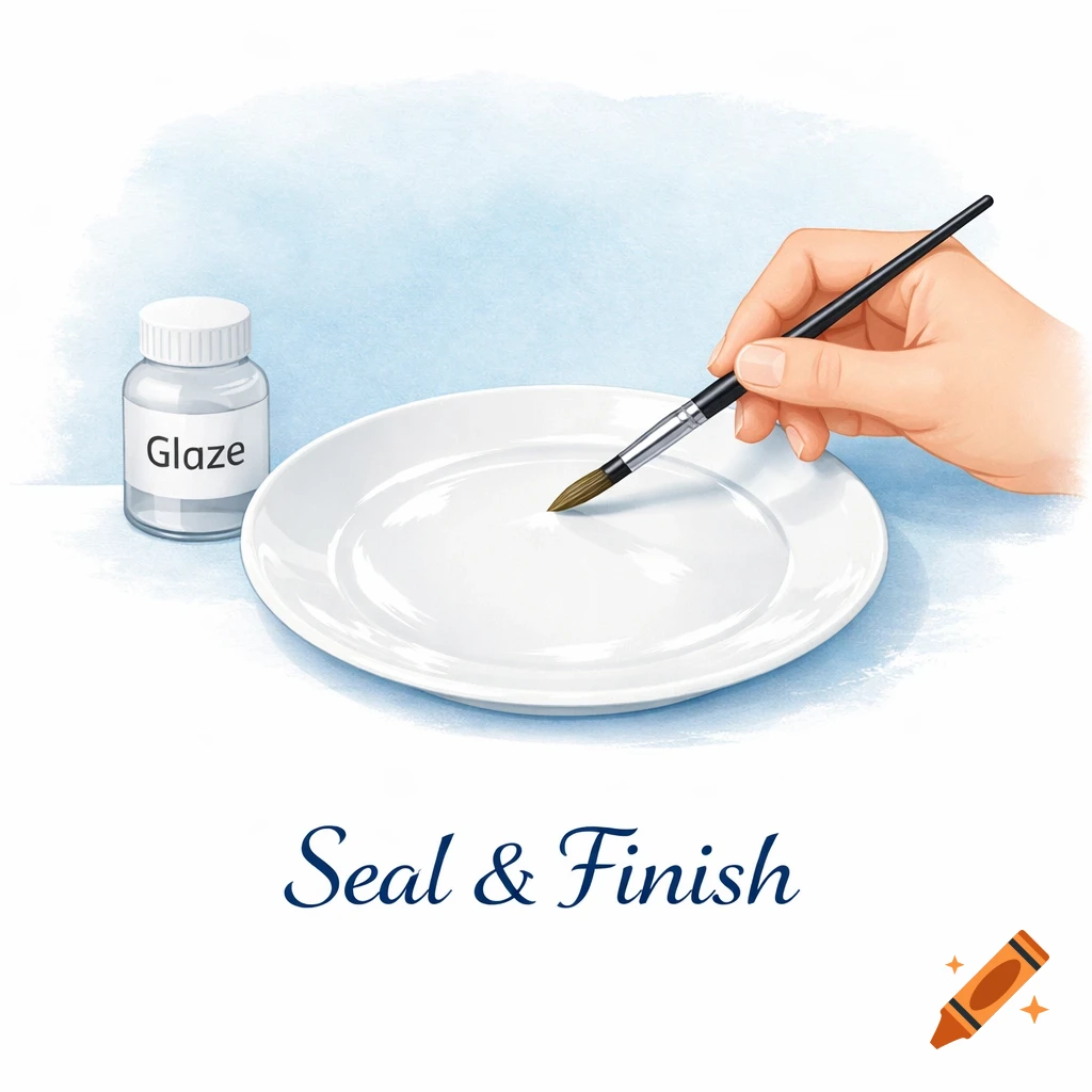 Illustration of a hand applying glaze with a paintbrush to a white plate, with a bottle of Glaze. Text reads 'Seal & Finish'.
