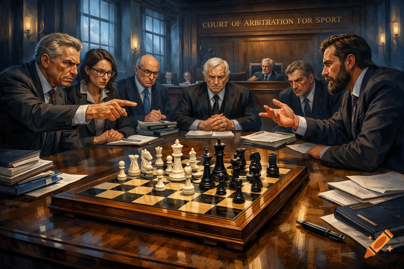A group of serious-looking people in suits gathered around a chessboard at a table in a formal courtroom, discussing. The text "COURT OF ARBITRATION FOR SPORT" is visible above them in this detailed, painterly scene.