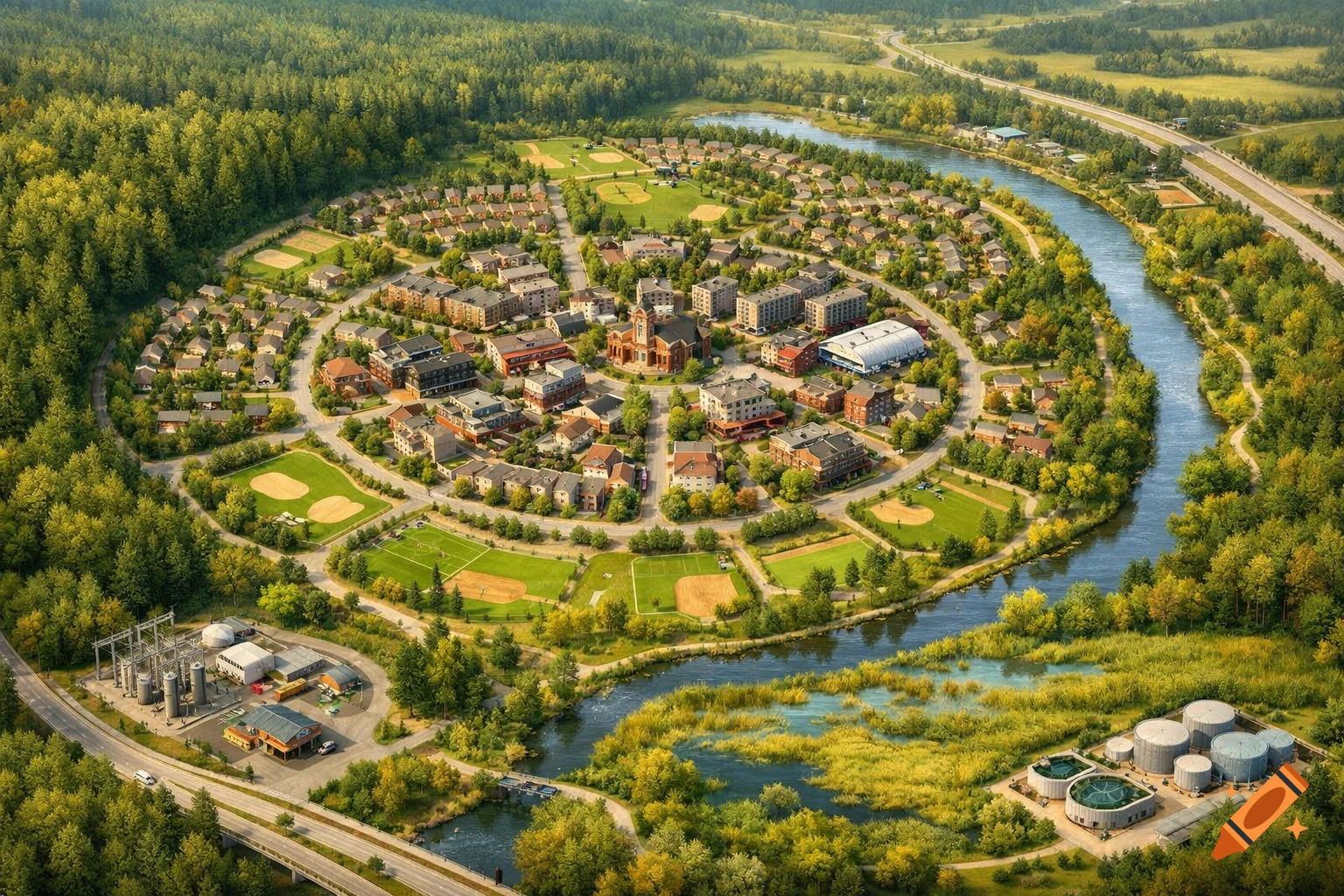 Aerial photorealistic view of a circular town, Greenhaven, with central buildings, houses, sports fields, a river, wetlands, and surrounding forest.