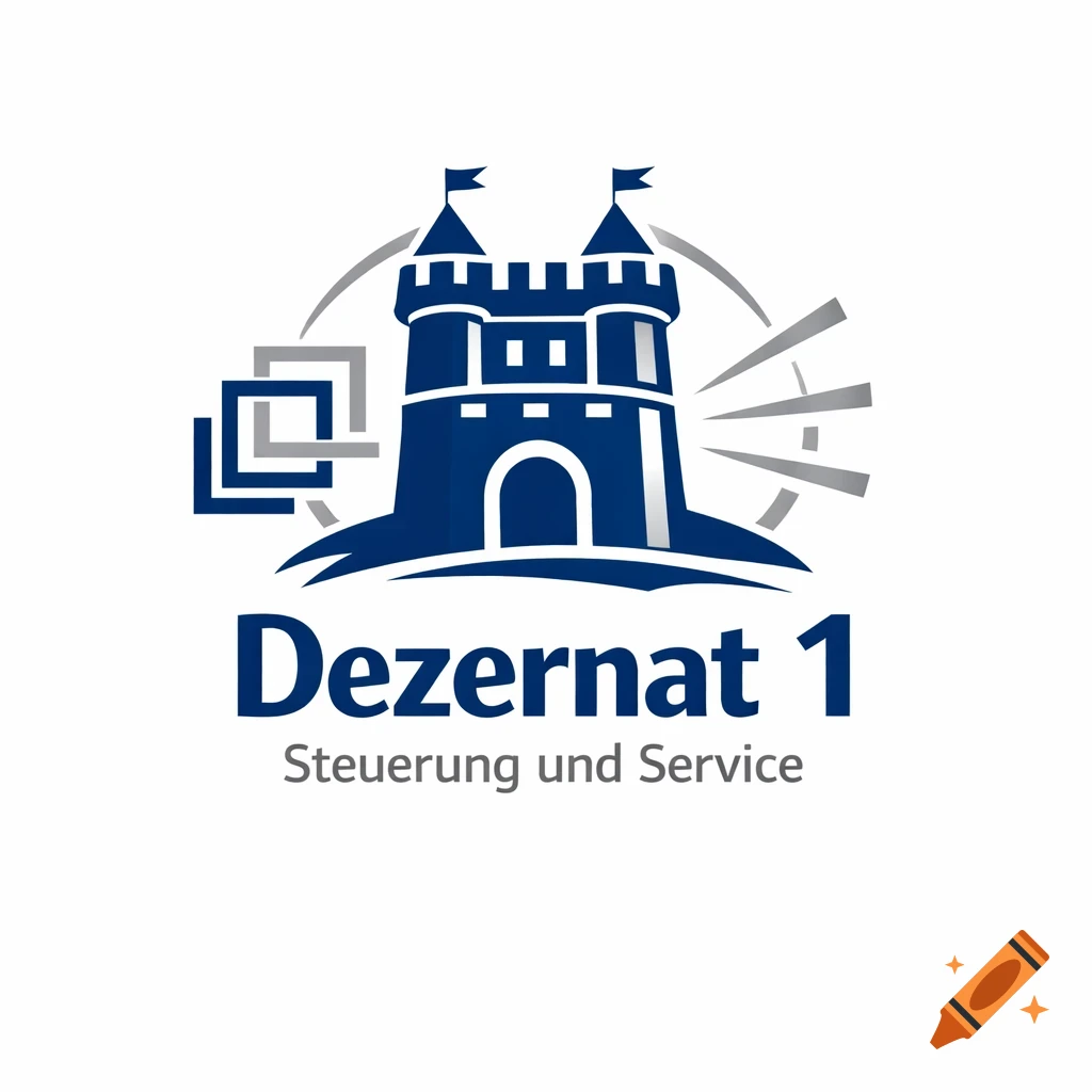 A blue and gray logo featuring a stylized castle with flags, abstract squares, and the text "Dezernat 1 Steuerung und Service" below it.