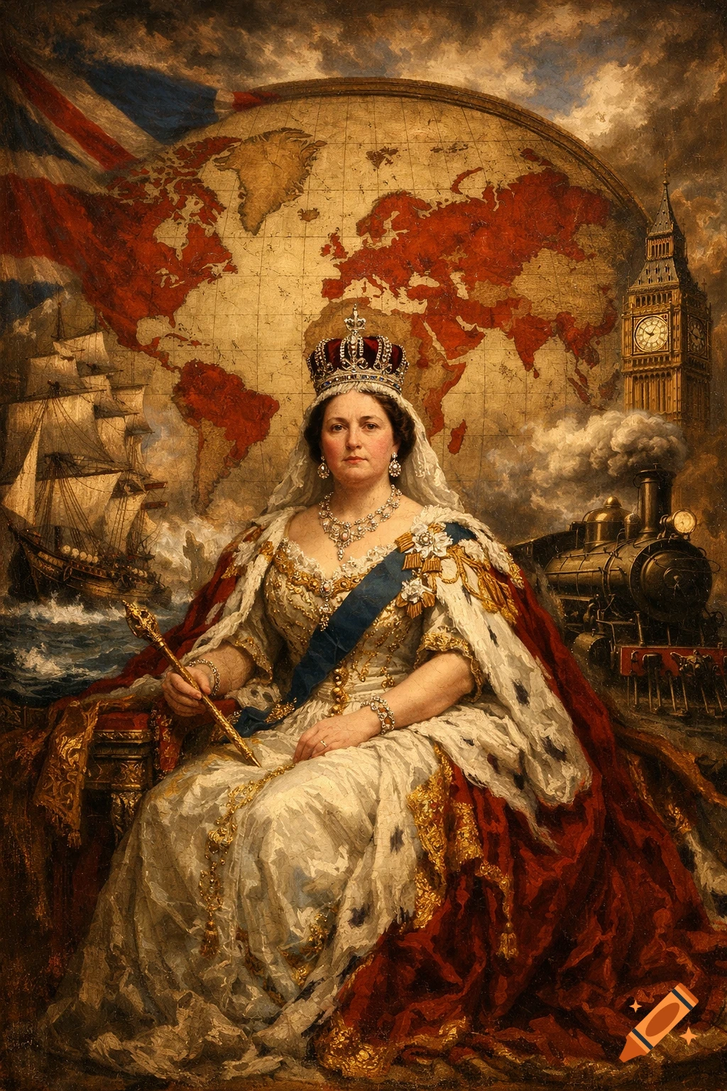 A majestic oil painting of Queen Victoria in ceremonial robes and crown, seated before an antique world map with a warship, steam train, and Big Ben in the background.