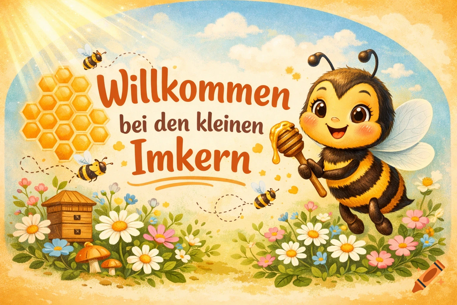 Cheerful cartoon bee holds a honey dipper, surrounded by flowers, beehive, and text 'Welcome to the little beekeepers' in a sunny field.