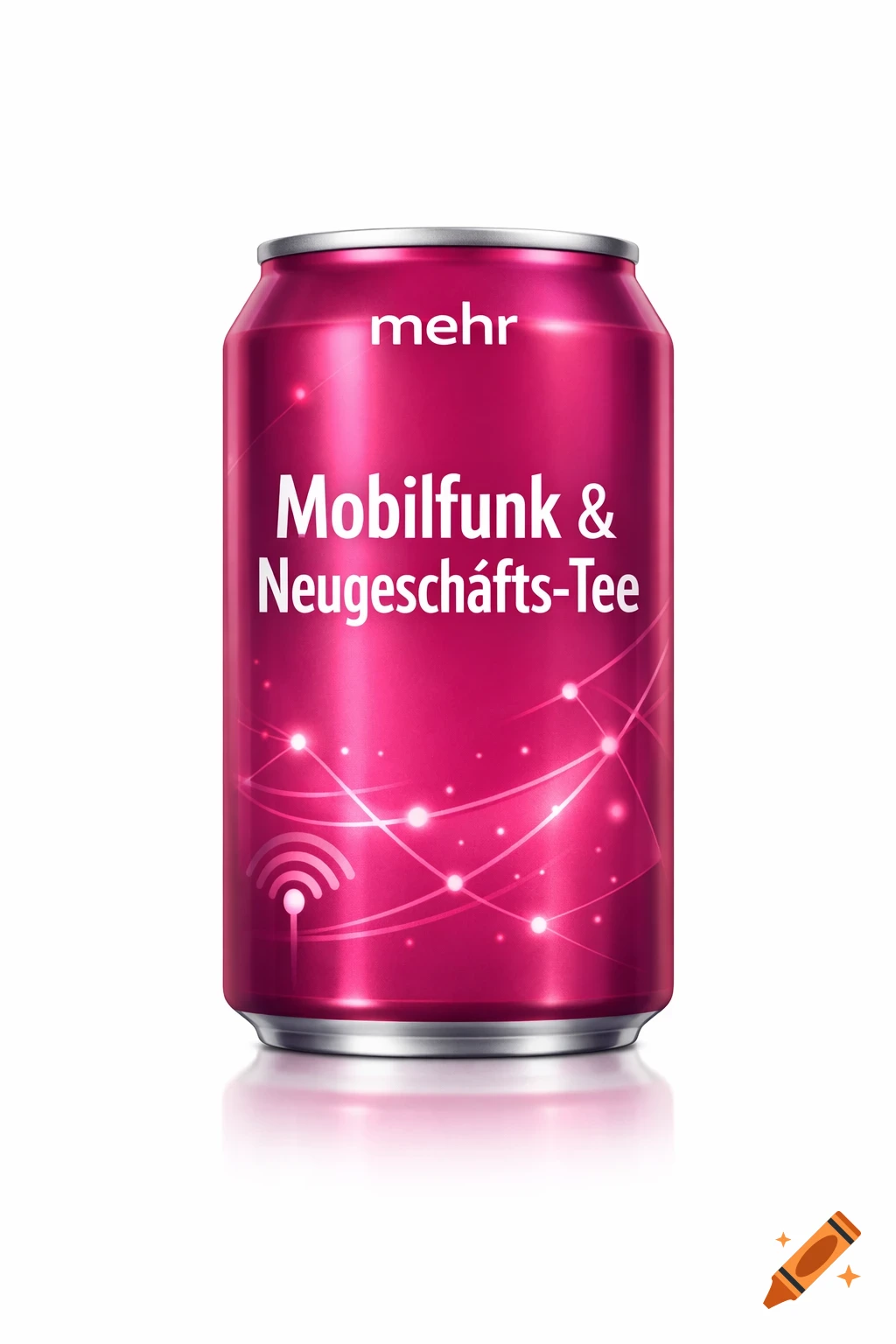 A photorealistic magenta soda can with "mehr Mobilfunk & Neugeschäfts-Tee" text, glowing lines, and a Wi-Fi symbol.