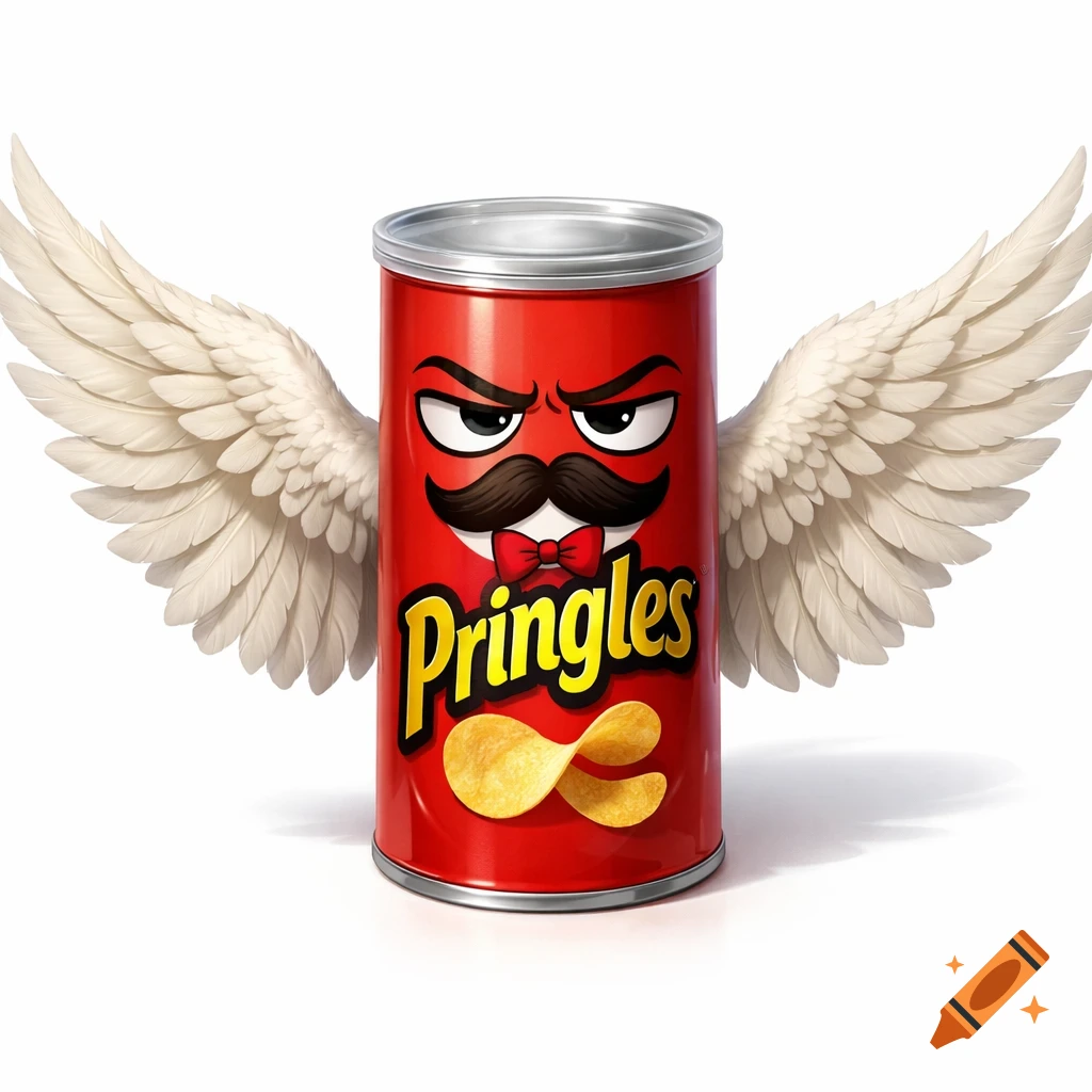 A red Pringles can with a mustachioed face, red bow tie, and white angel wings, casting a shadow on a white background.