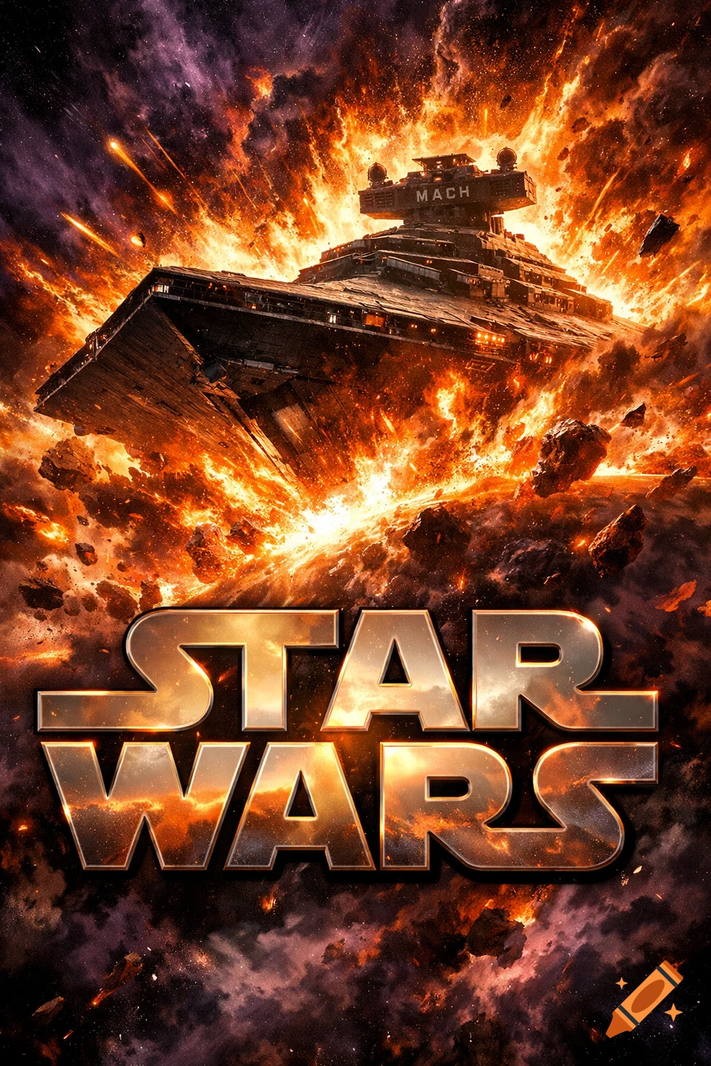 A Star Destroyer spaceship is engulfed in a fiery explosion in space, with flying debris. The 'STAR WARS' logo is at the bottom.