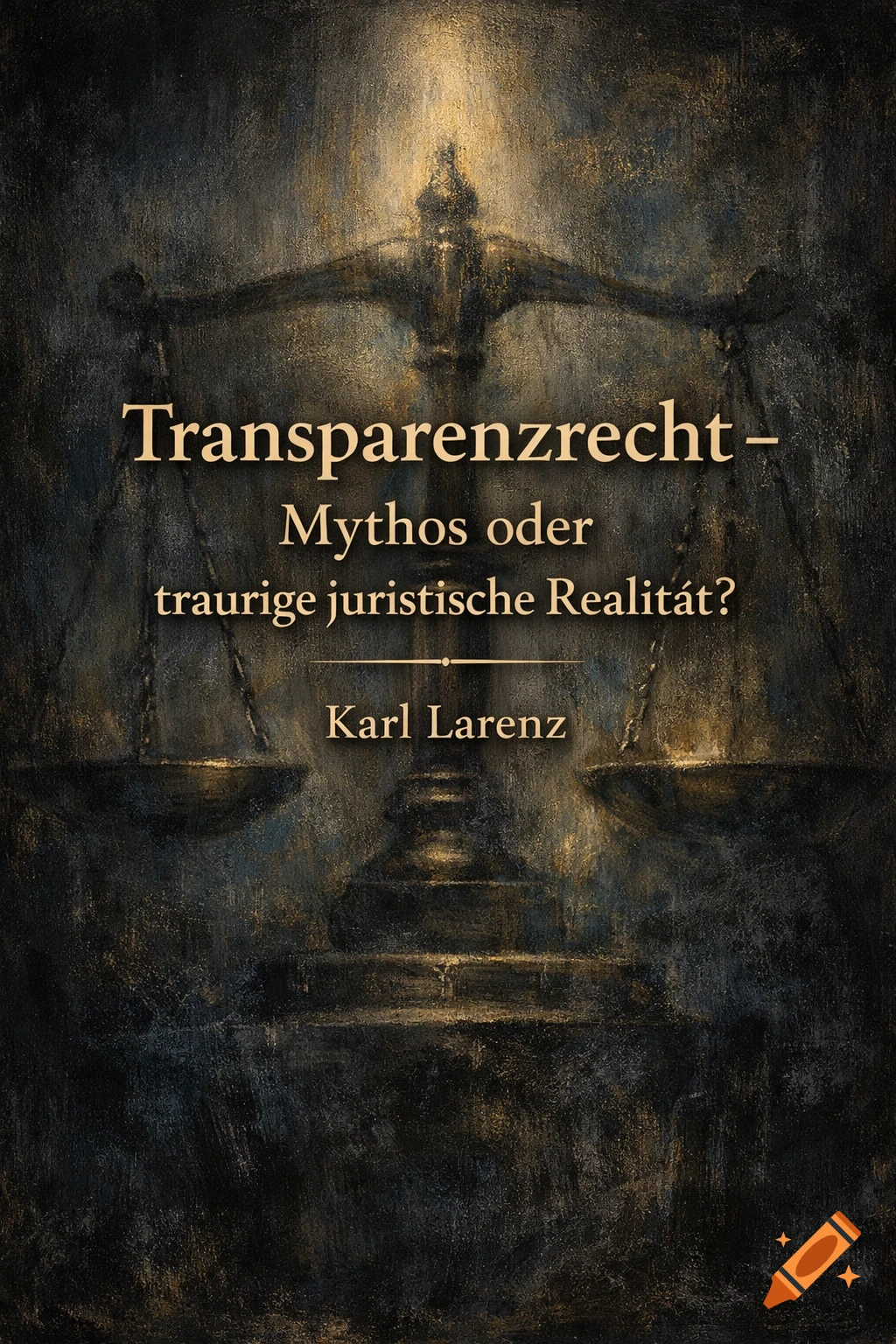 Dark, painterly book cover featuring a scale of justice, with the title 'Transparenzrecht - Mythos oder traurige juristische Realit at?' and author 'Karl Larenz'.