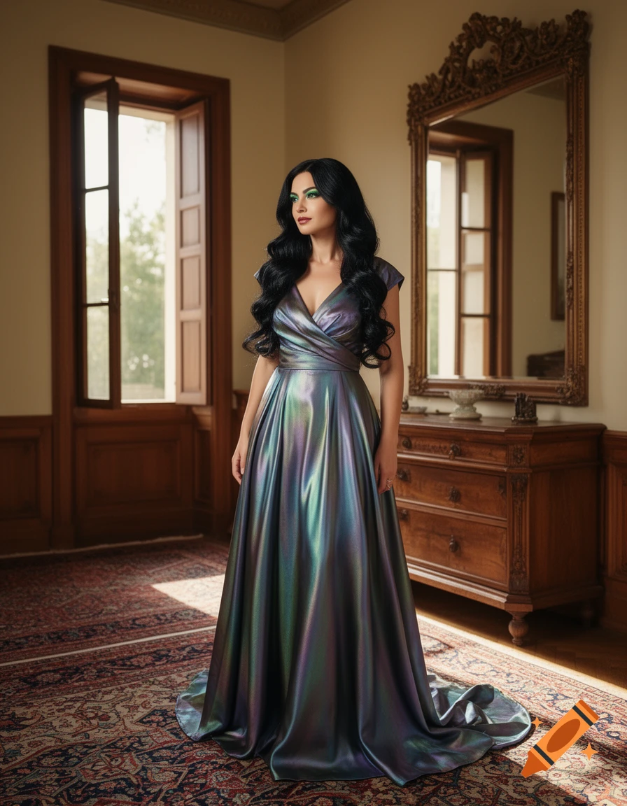 A woman with dark wavy hair and green eye makeup wears a shimmering iridescent floor-length gown in an ornate room with a large window and mirror.