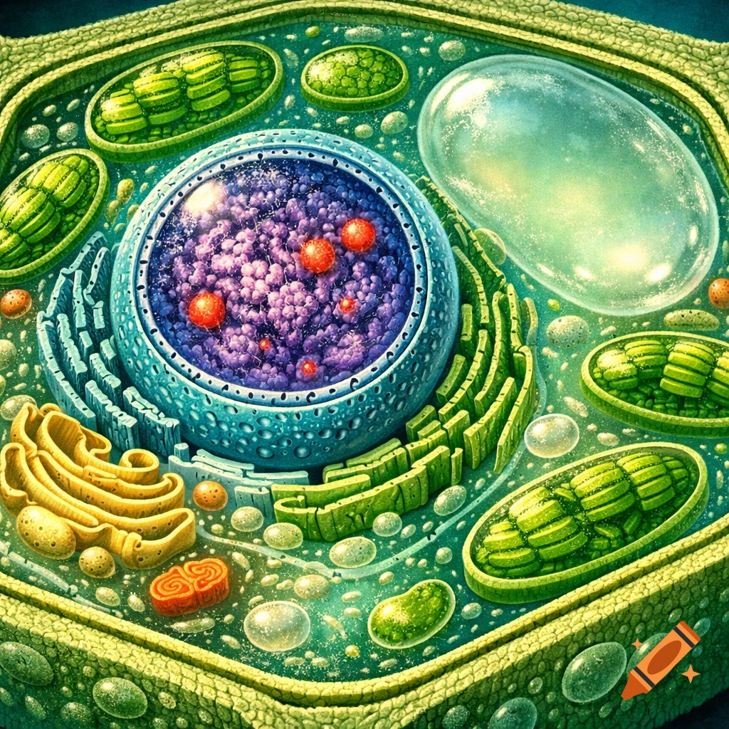 Detailed, colorful illustration of a plant cell showing its nucleus, chloroplasts, and other organelles.