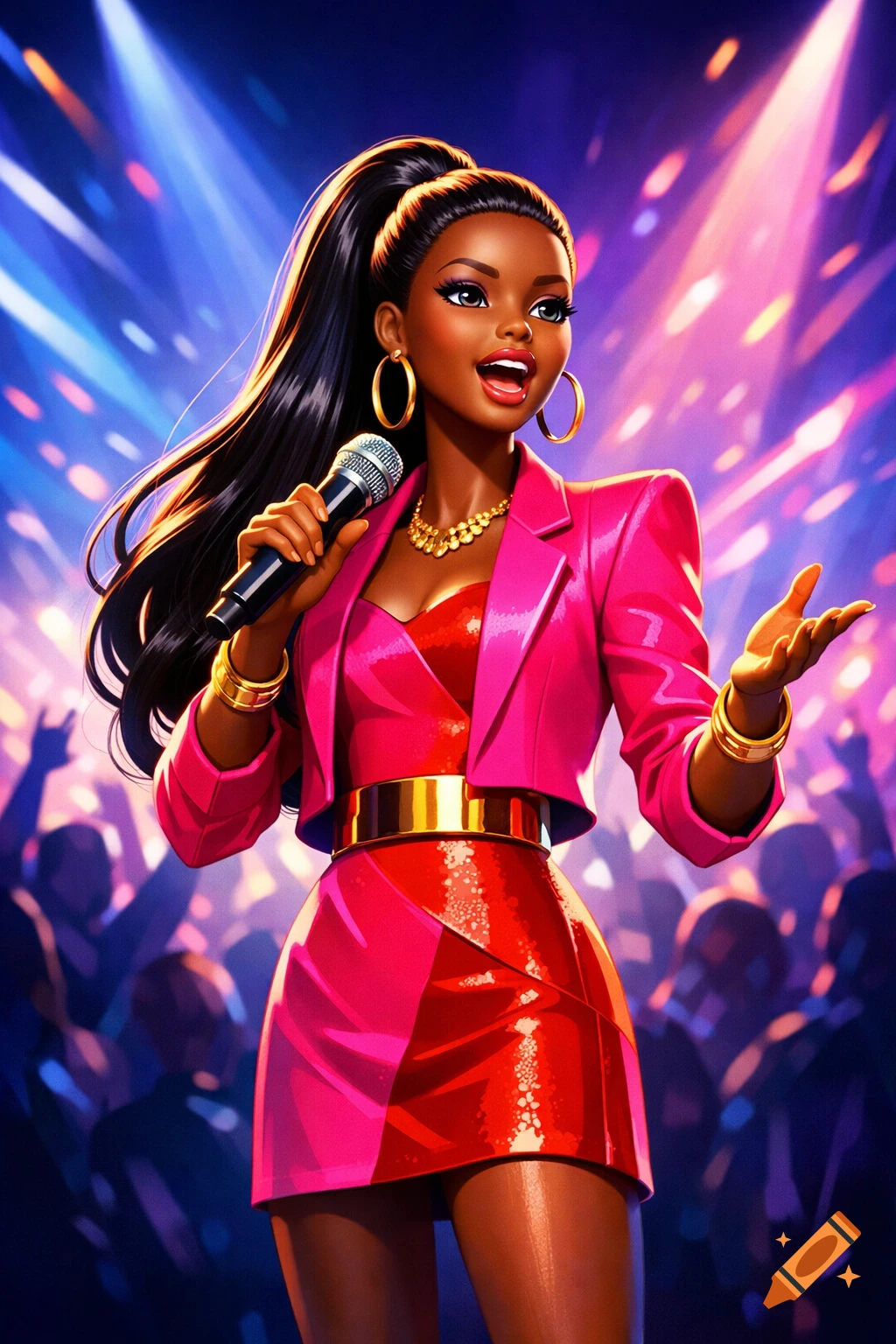 A vibrant animated black Barbie doll sings on a stage, holding a microphone with bright spotlights and a blurred audience in the background.