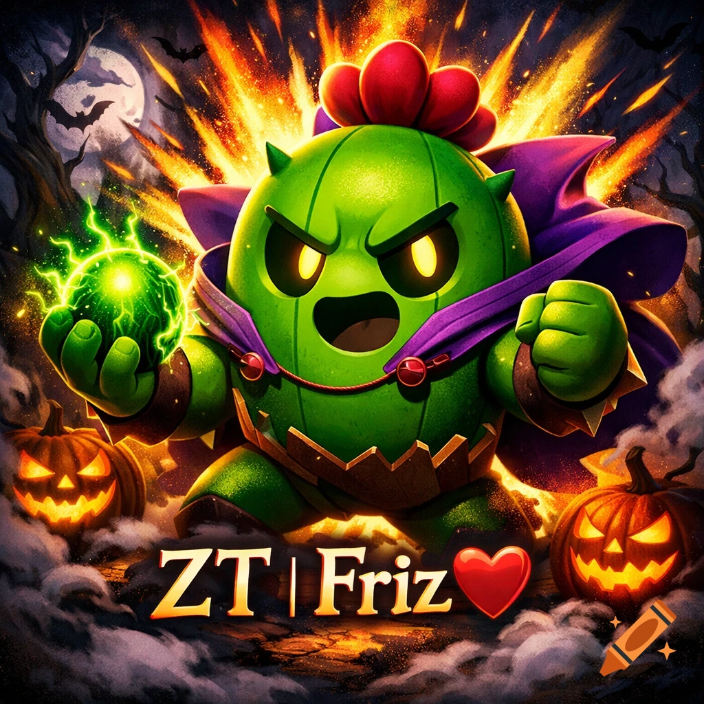 Spike from Brawl Stars, a green cactus in a purple cape, holding a glowing orb against a fiery Halloween scene with pumpkins. Text 'ZT | Friz ed_heart'.