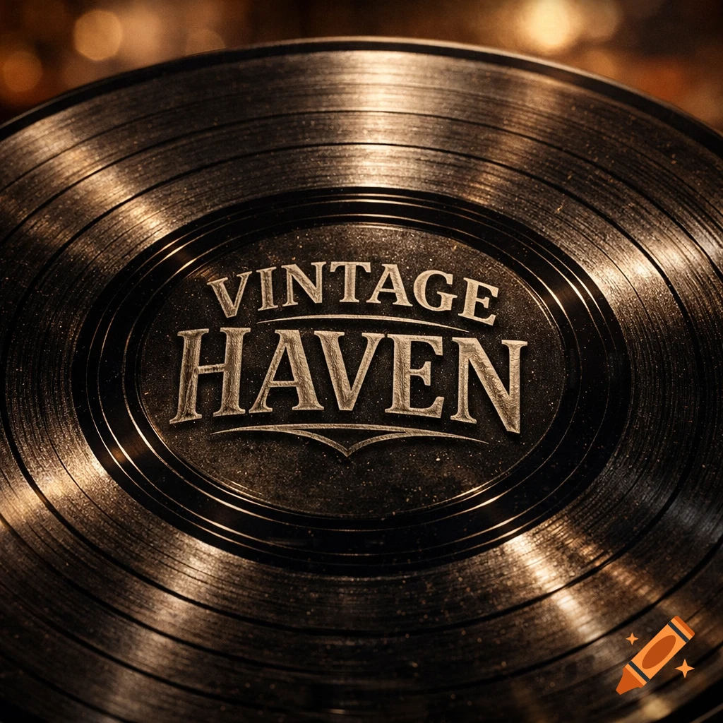 Close-up of a dark vinyl record with 'VINTAGE HAVEN' embossed in the center label, with warm lighting.