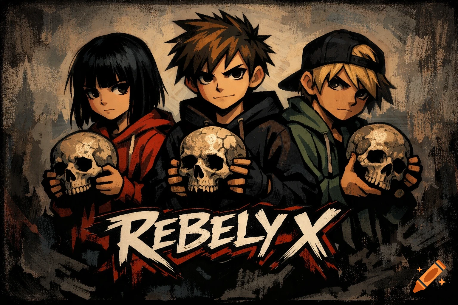 Anime illustration of three youths in hoodies and a cap, each holding a skull, with 'REBELY X' below.