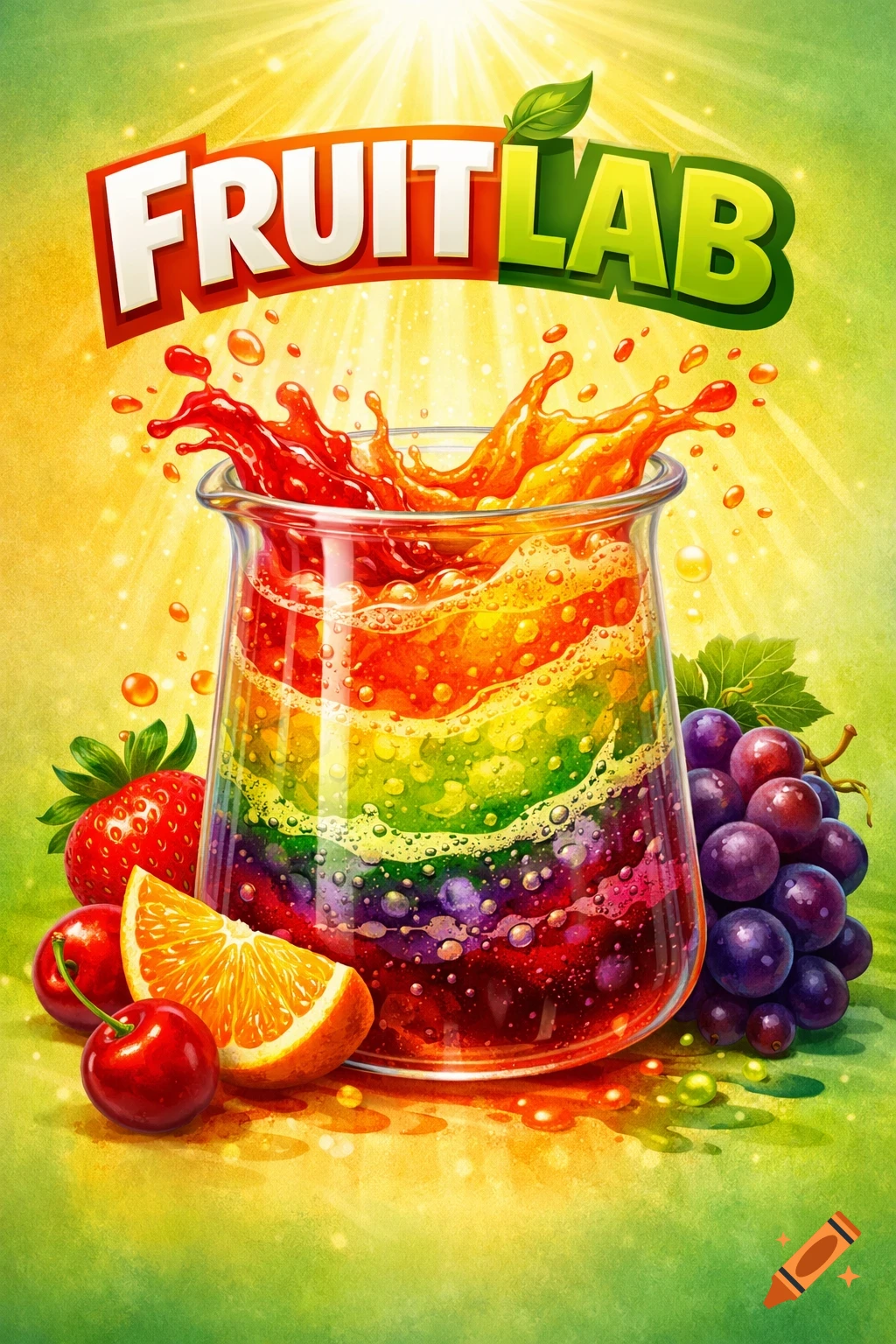 Vibrant fruit juice splashing in a beaker with a rainbow of layers, surrounded by fresh strawberries, cherries, orange, and grapes. "FRUIT LAB" logo is at the top.