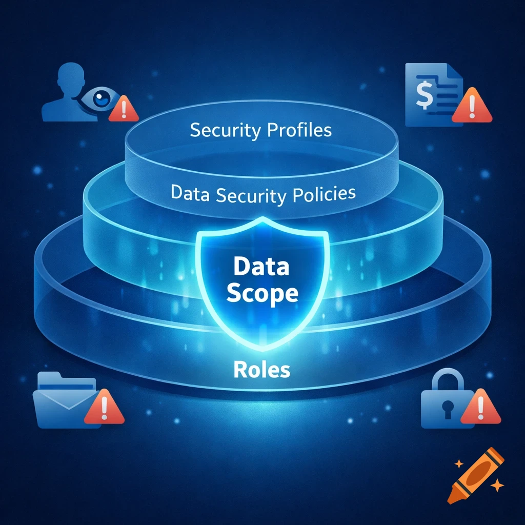 An illustration of a layered data security model with a central "Data Scope" shield, layers for security profiles, data security policies, and roles, surrounded by warning icons.