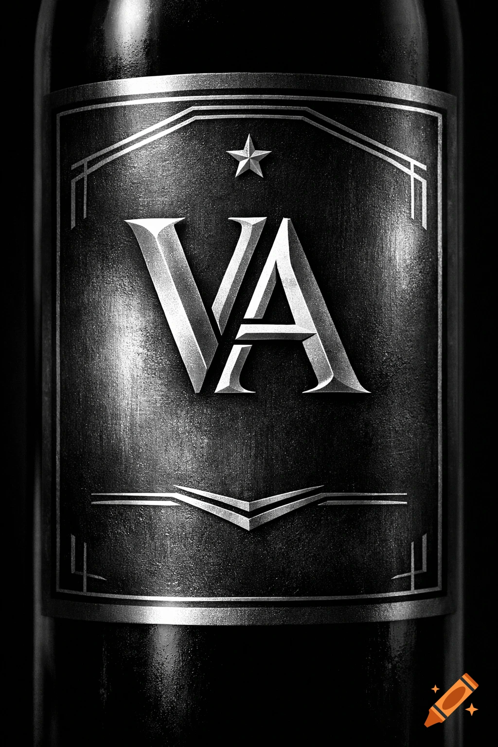 Grayscale bottle label with metallic 'VA' initials, a star, and art deco borders on a dark, textured background.